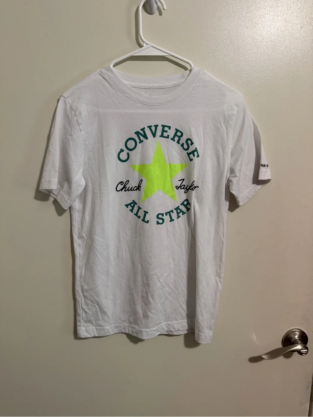 Converse White Tee with Neon Green Star and Teal Logo